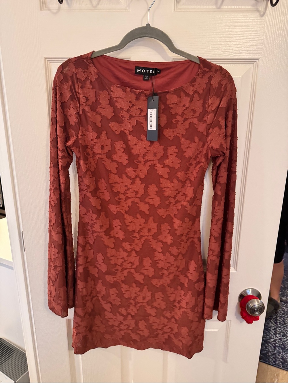Motel Rocks Rust Red Floral-Textured Long Sleeve Bodycon Dress